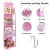 Pink foldable over-the-door storage organizer with multiple compartments and detailed quality features
