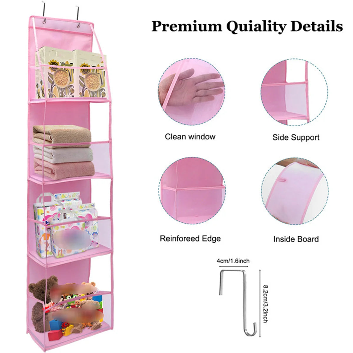 Pink foldable over-the-door storage organizer with multiple compartments and detailed quality features