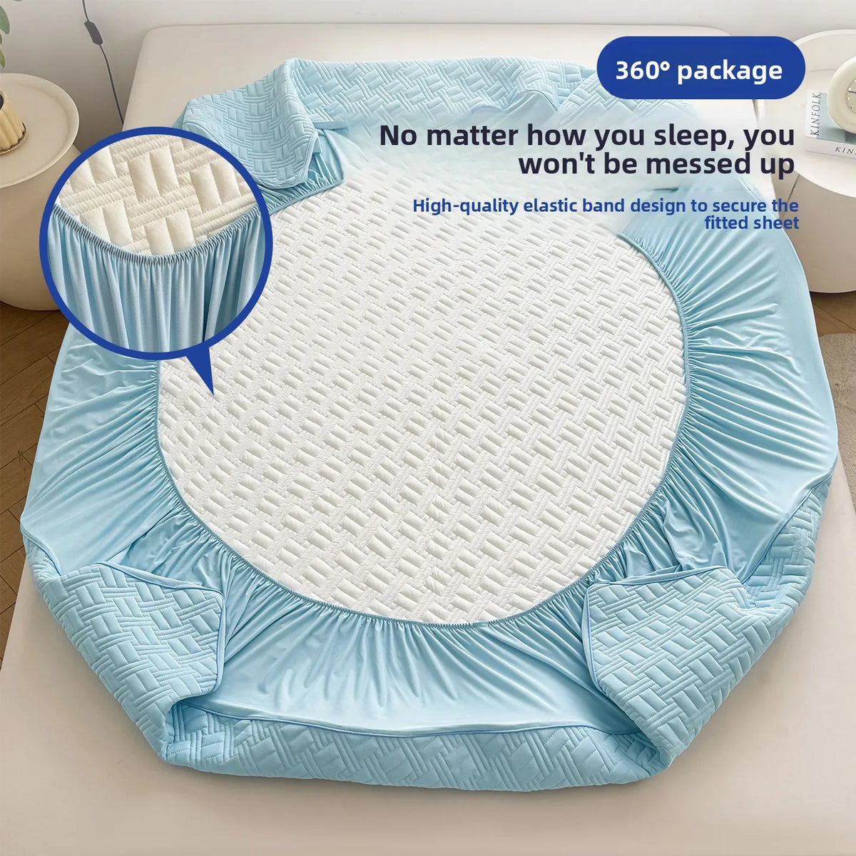 Light blue cooling spandex fitted sheet mattress protector with a quilted white insert and elastic band design