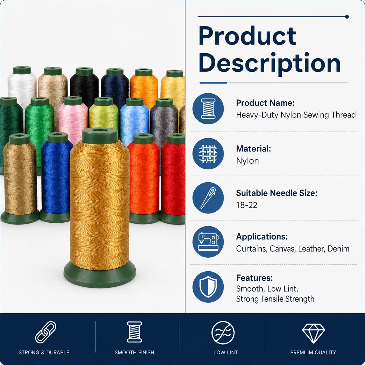 Roll of heavy-duty nylon sewing thread in various colors displayed on a white background.