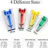 A set of four different sized bias tape makers shown in various colors and sizes.
