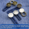A collection of metal button extenders in gold and silver colors for adjusting clothing like jeans, suits, and skirts.