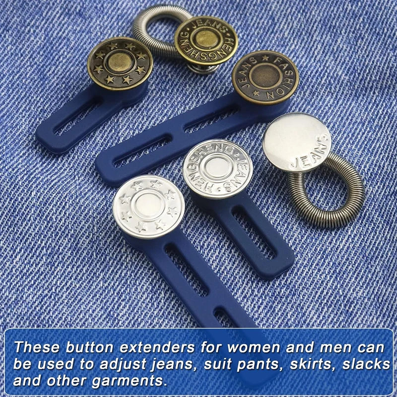 A collection of metal button extenders in gold and silver colors for adjusting clothing like jeans, suits, and skirts.