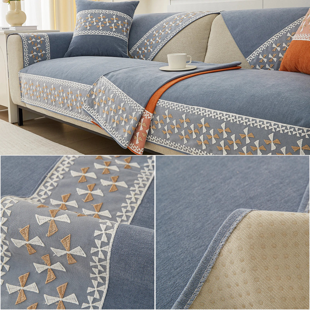A blue quilted sofa cover with lace trim and geometric embroidery on a light-colored sofa.