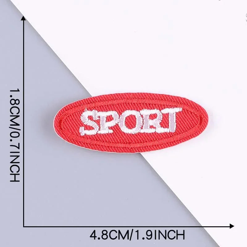 A red embroidered patch with the word SPORT on it, shown against a white background.