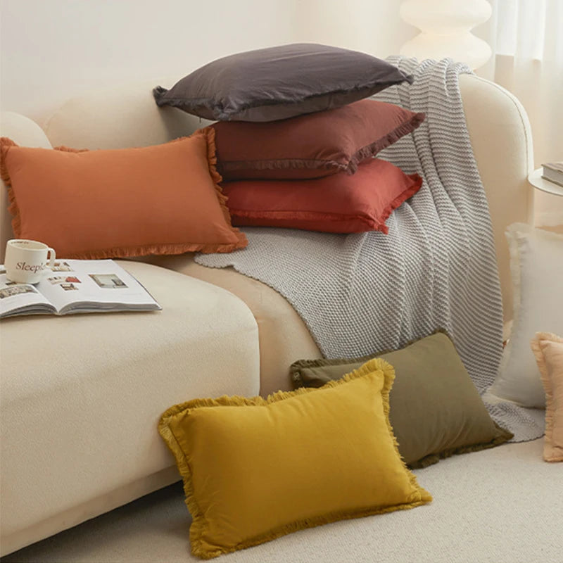 Washed Cotton Solid Cushion Cover with Tassel Fringe