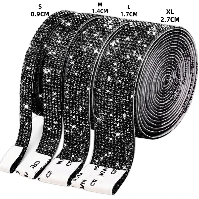 Roll of black ribbon covered in silver crystal rhinestones for DIY crafts