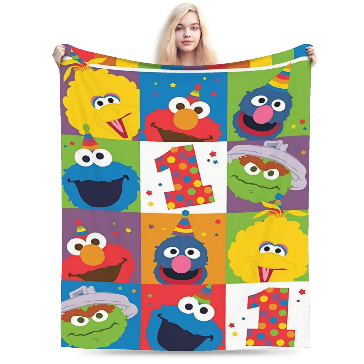 A colorful flannel throw blanket featuring characters like Elmo and Friends from Sesame Street