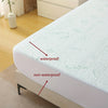 A white fitted sheet is shown with labels indicating waterproof and non-waterproof features.
