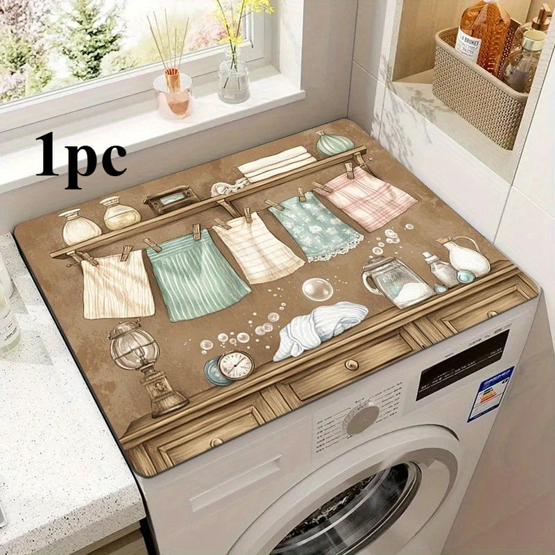 A vintage laundry appliance cover with multiple fabric inserts is displayed on a white countertop.