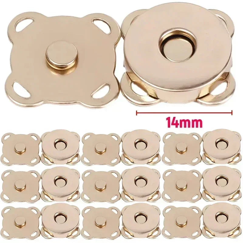 A set of brass magnetic snap fasteners for bags, purses, and craft projects.