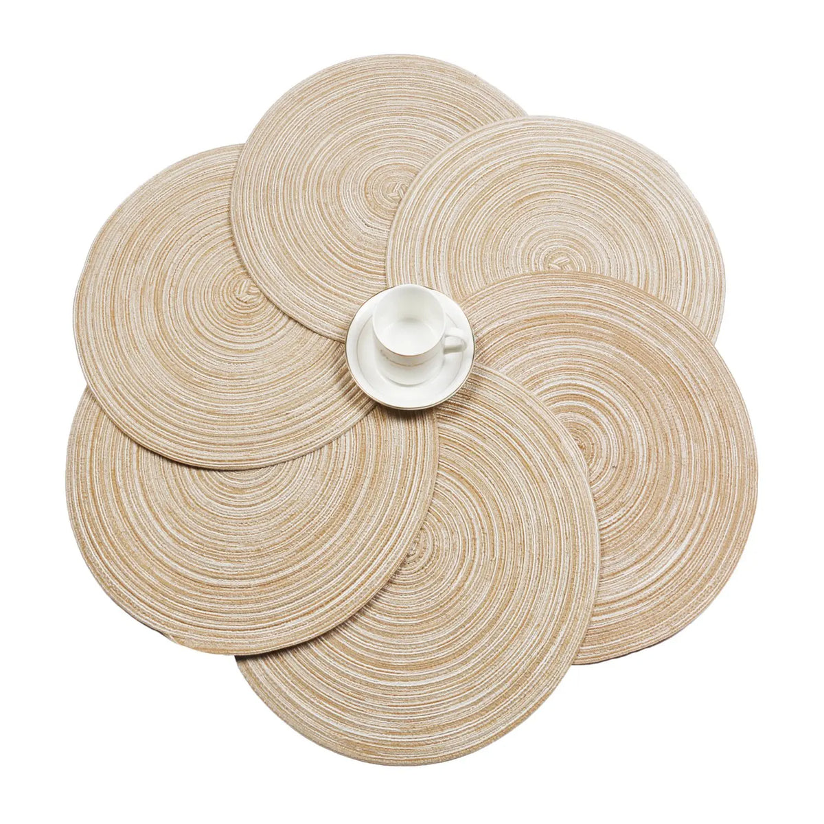 A set of six round, beige braided placemats for dining and party decor, with a small white cup in the center.