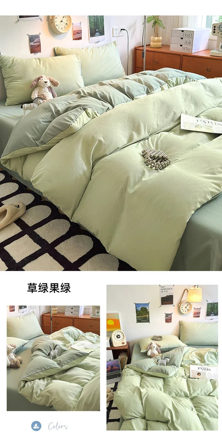 A set of light green ultra-soft washed cotton quilt bedding featuring a duvet and pillows on a bed.