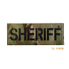 A rectangular olive drab camouflage patch embroidered with the word SHERIFF.