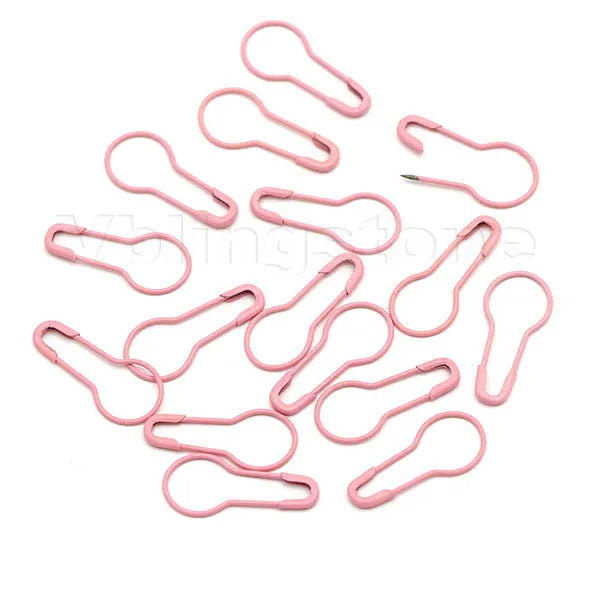 A collection of pink gourd-shaped locking safety pins for knitting and sewing.