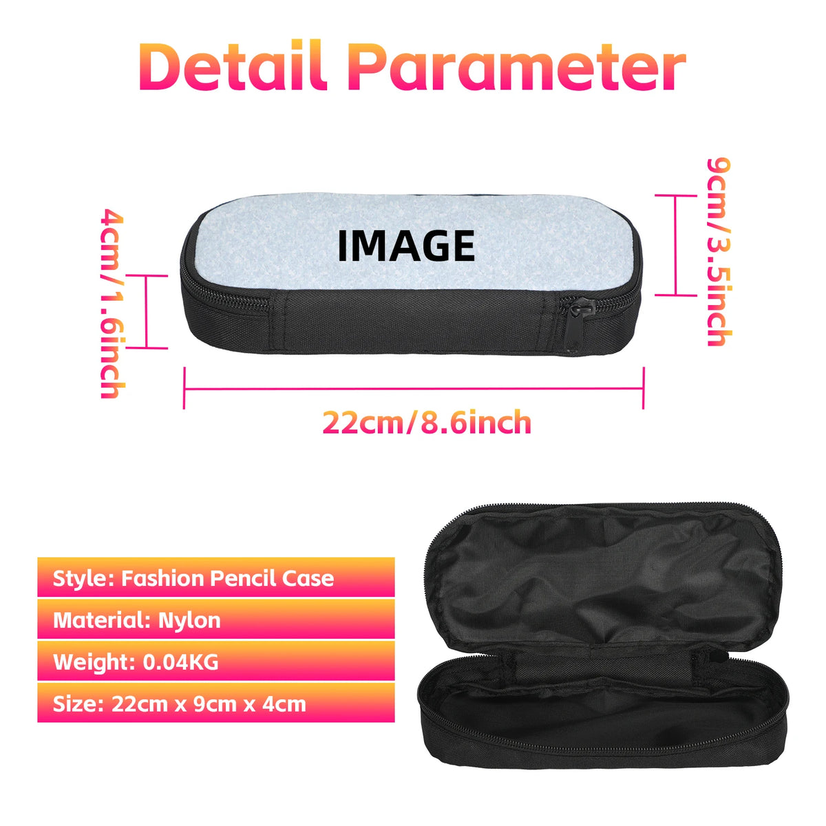 Black pencil case with a clear image, measuring 22cm x 9cm x 4cm.