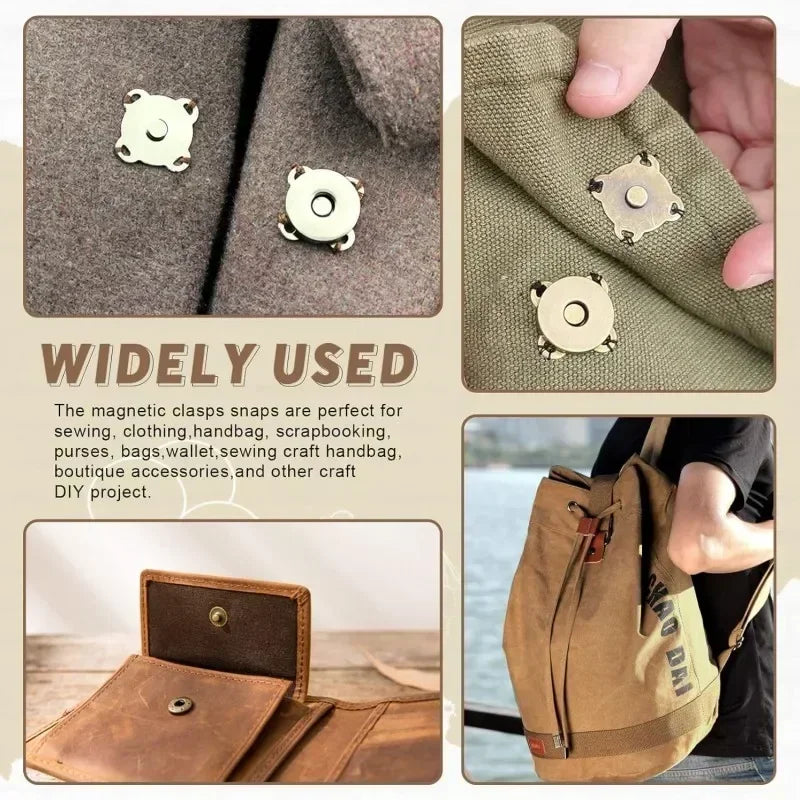 Close-up of magnetic snaps used for sewing and crafting on fabric, alongside a leather bag.