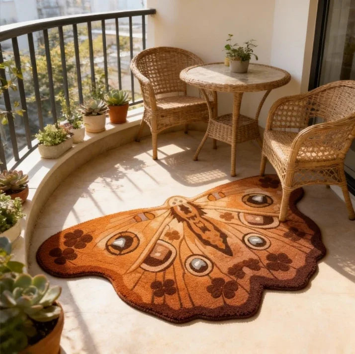 An irregular shaped plush floor rug with a warm orange and brown color palette sits on a light-colored floor.