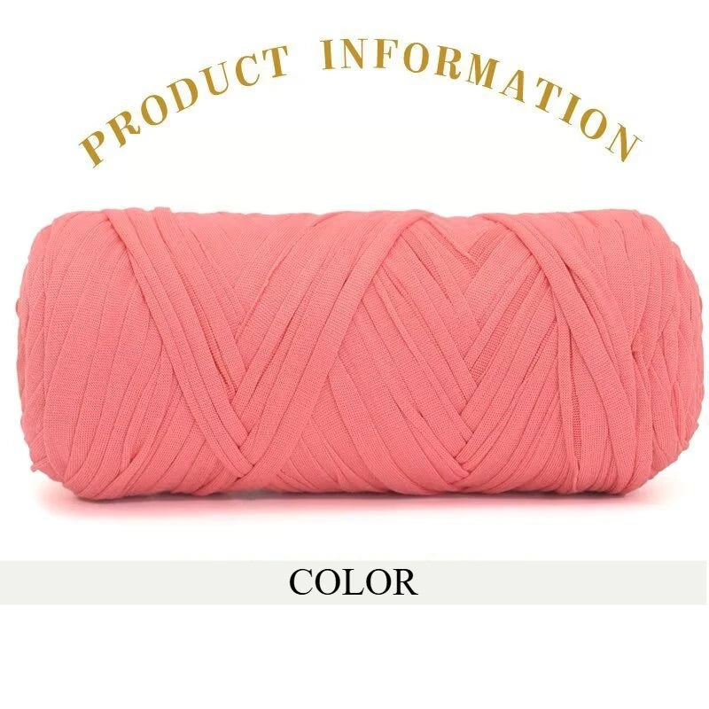 A skein of thick pink polyester blended yarn is shown rolled up for crafting.