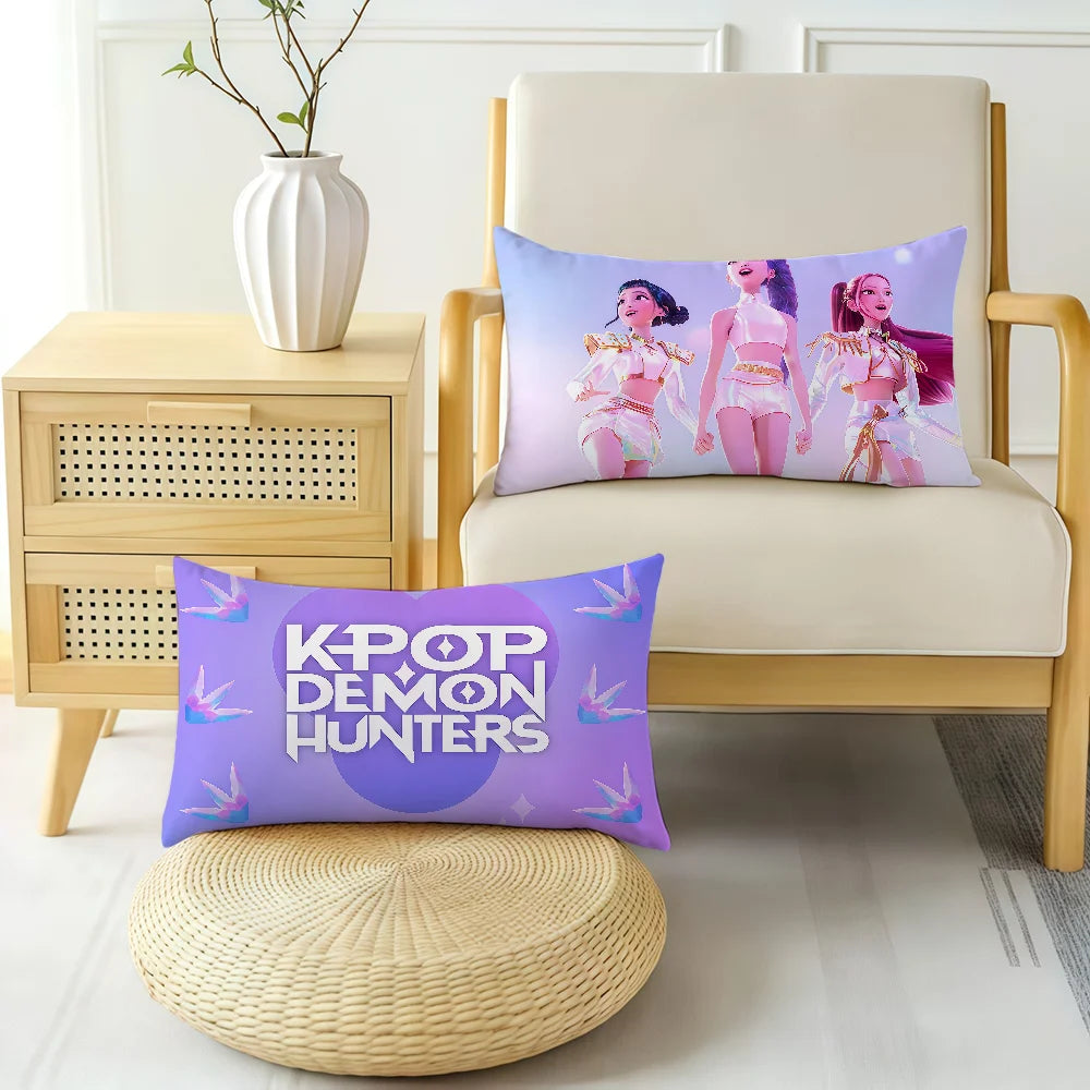 Purple cushion covers featuring illustrations of female characters in a fantasy style