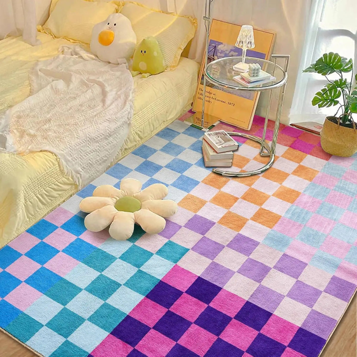 A colorful retro checkerboard geometric rug featuring pink, purple, blue, and green squares.