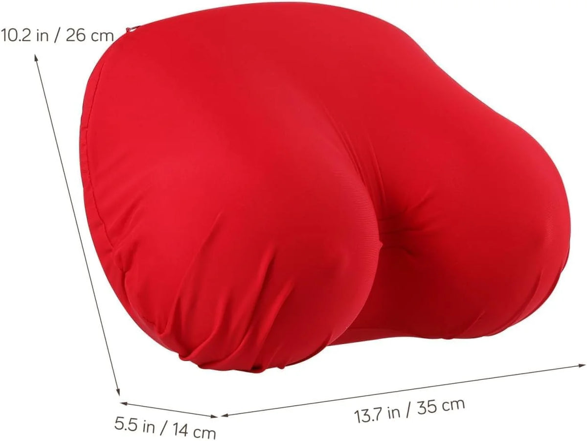 A bright red memory foam contour chest pillow shown from the side with dimensions provided.