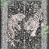 A black and white tiger pattern rug featuring two tigers in a dynamic pose on an ornate floral background.