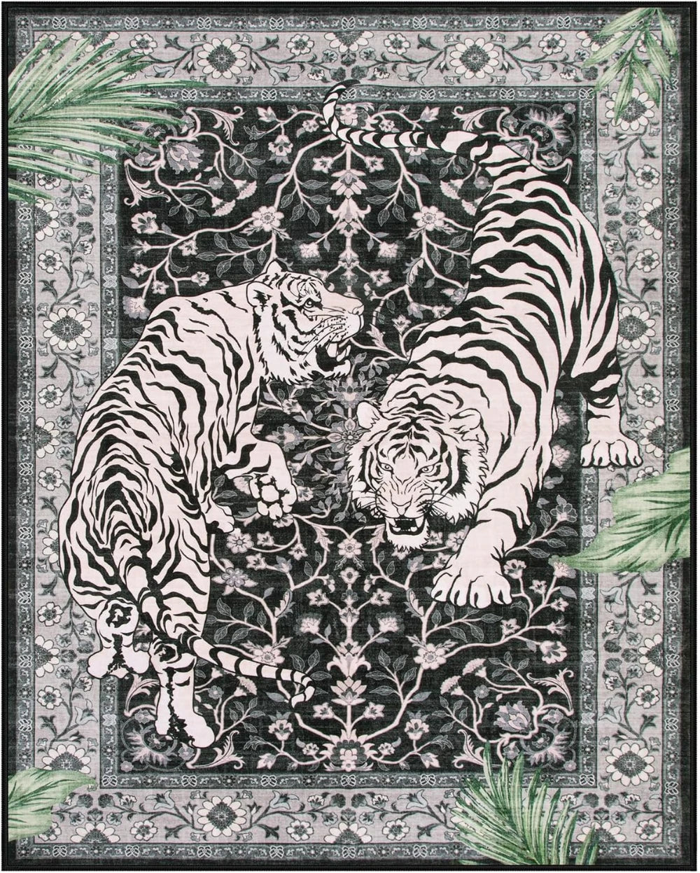 A black and white tiger pattern rug featuring two tigers in a dynamic pose on an ornate floral background.