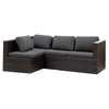 Dark brown wicker patio sofa with gray cushions and backrest covers