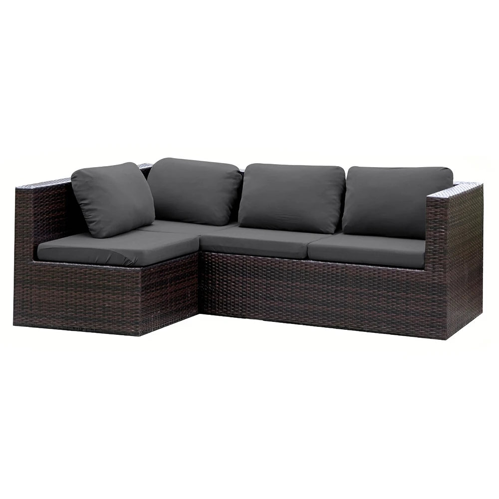 Dark brown wicker patio sofa with gray cushions and backrest covers