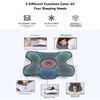 An ergonomic memory foam neck pillow shown from various angles demonstrating its features for sleeping.