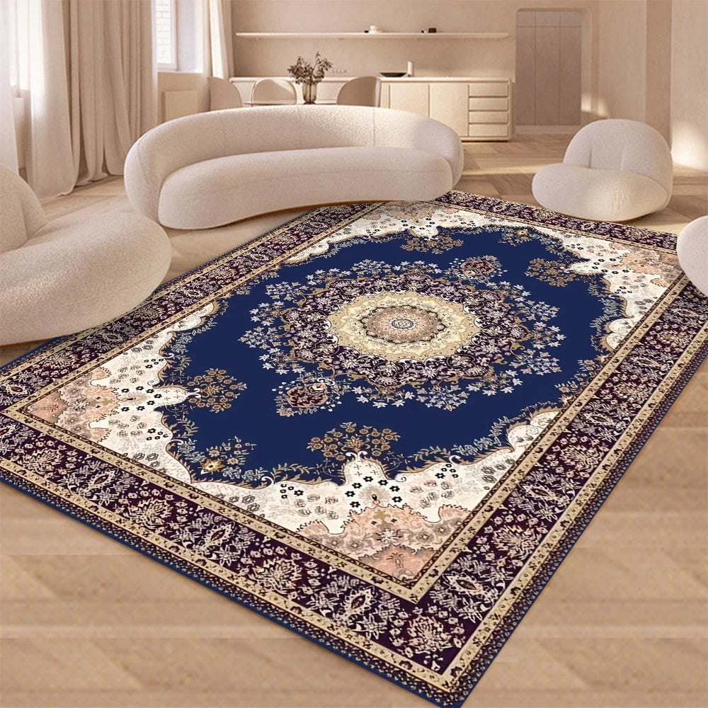 Elegant floral non-slip living room carpet featuring deep blue and cream patterns on a light wood floor.