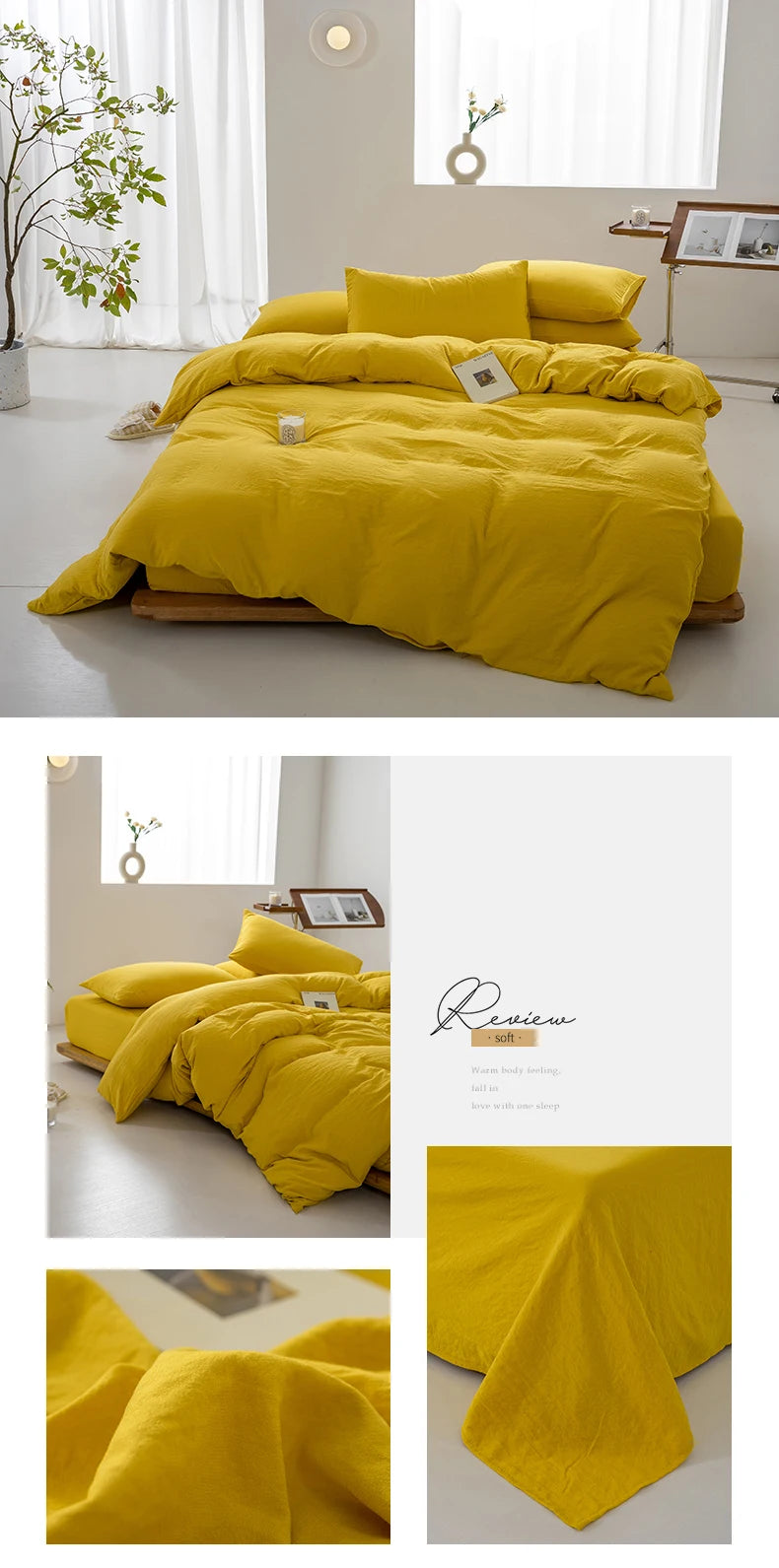 A bright yellow minimalist duvet cover displayed on a bed, with folded fabric samples nearby.