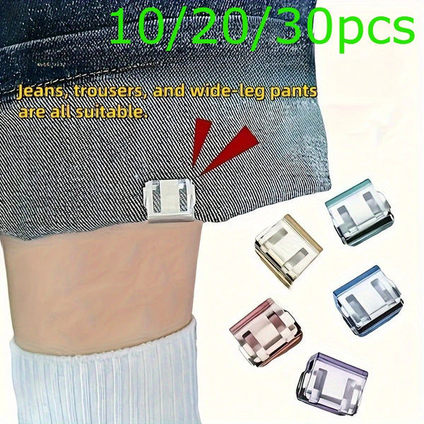 A close-up shows invisible hem shortening clips in various sizes and colors, demonstrating their use on denim fabric.