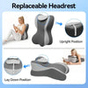 A replacement headrest shown in upright and lay down positions for neck and back support.