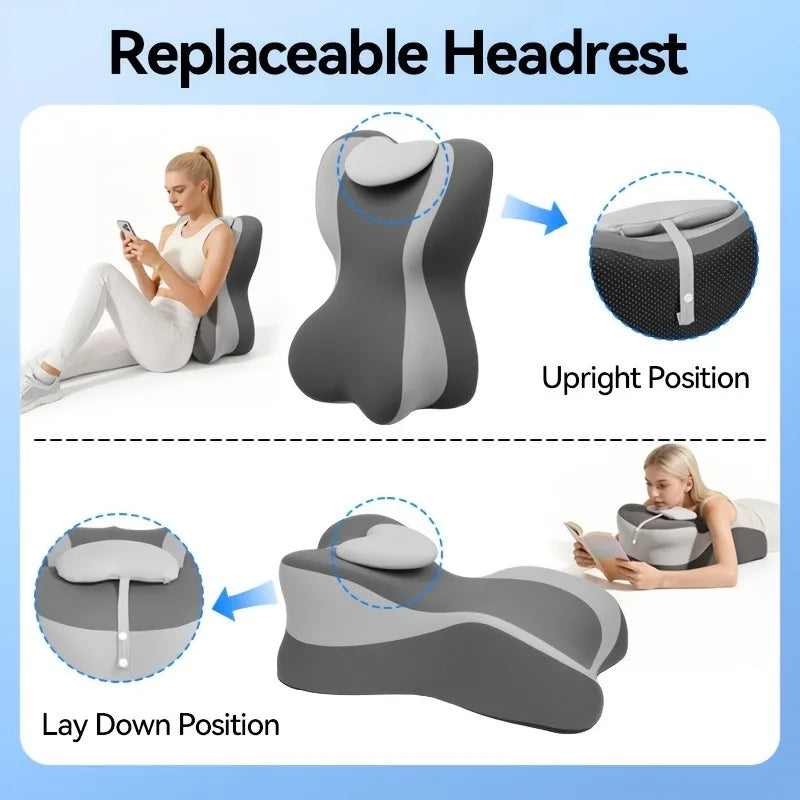 A replacement headrest shown in upright and lay down positions for neck and back support.