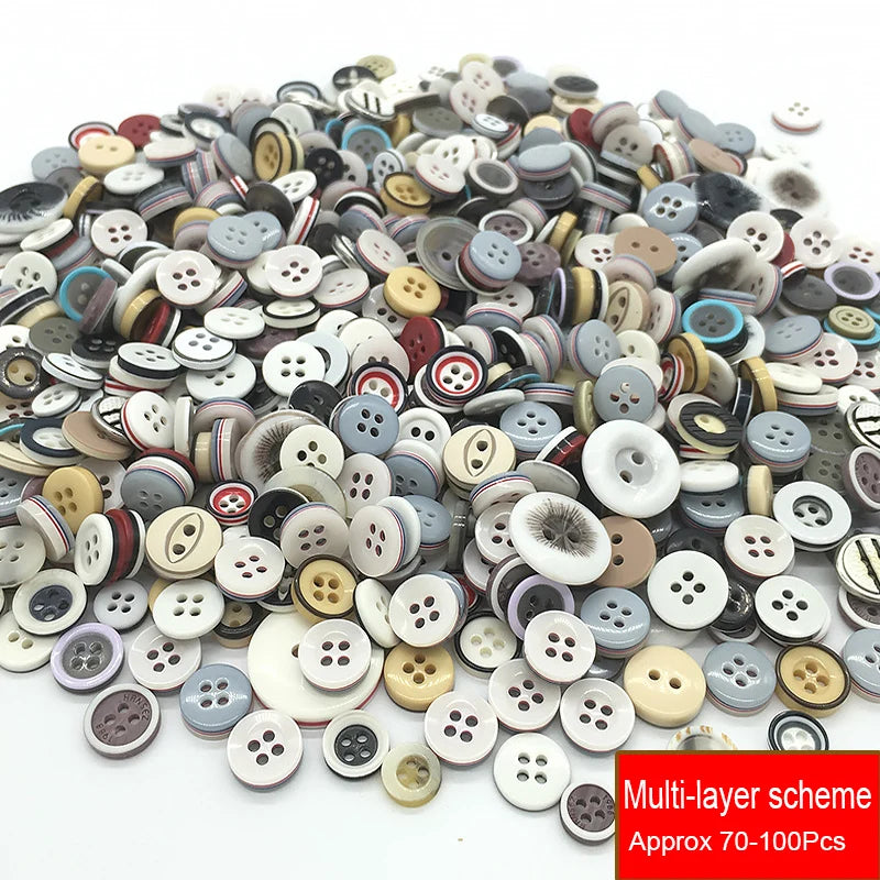 A pile of assorted resin sewing buttons in various colors and sizes for crafting projects