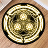 A round rug with a glowing yellow anime pattern design on a black background.
