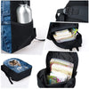 A black durable student backpack shown in various views, including a compartment for a water bottle and storage for papers.