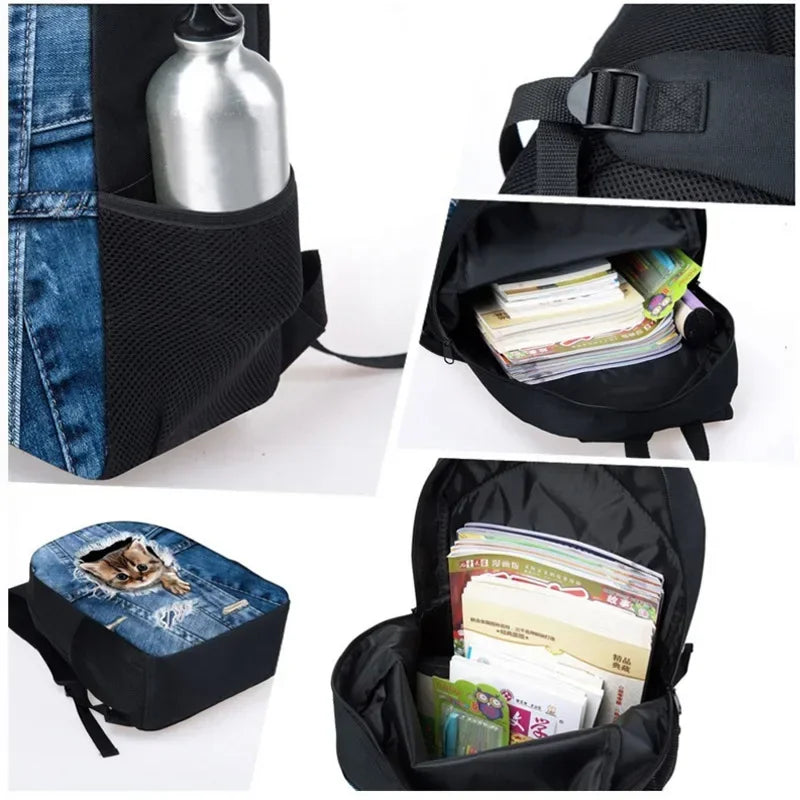 A black durable student backpack shown in various views, including a compartment for a water bottle and storage for papers.