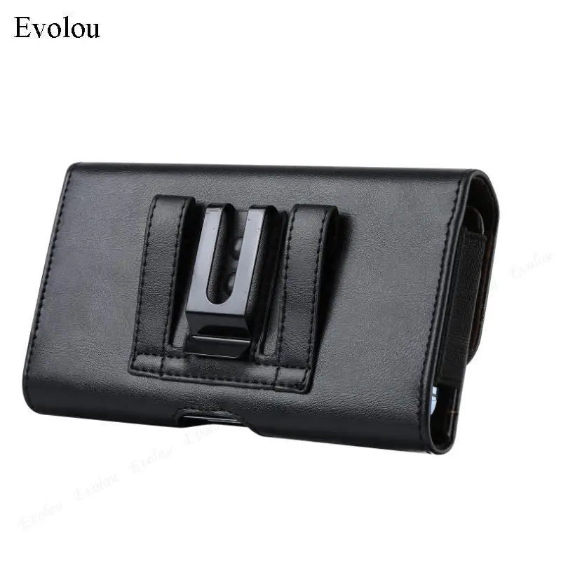 Black universal leather phone pouch with a magnetic belt clip.