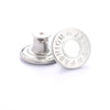 Silver replacement metal button with the word FASHION stamped on it