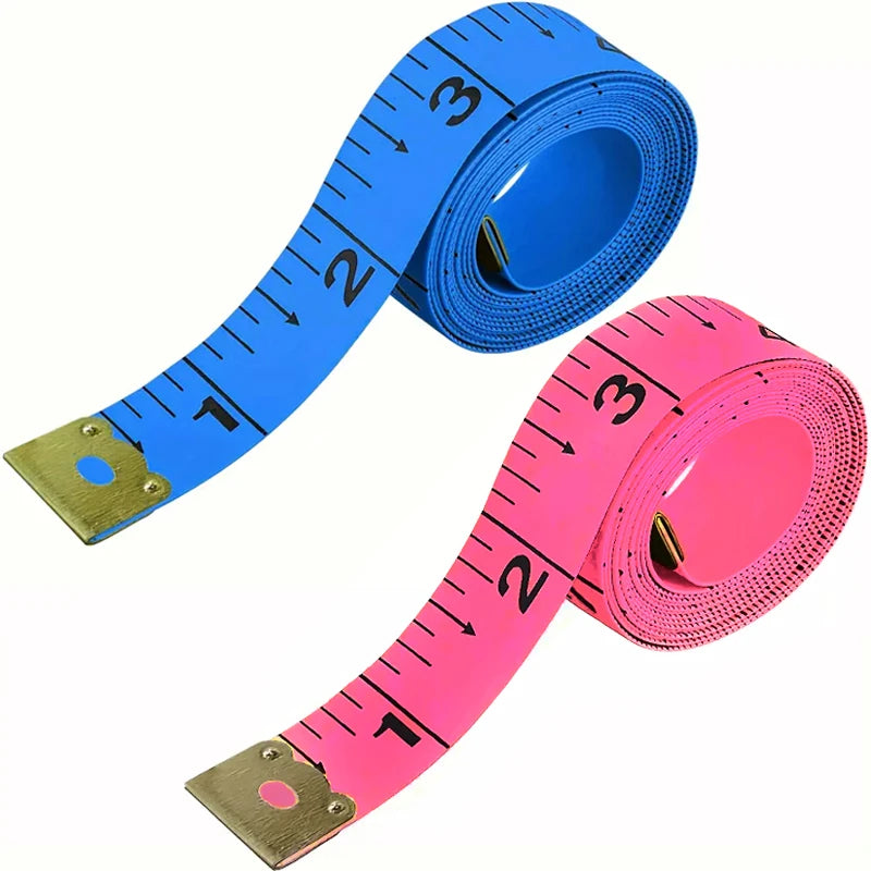 A set of two flexible body measuring tapes, one blue and one pink, laid out for display.