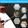 A hand is using scissors to open a black window shade, demonstrating the multilayer structure and blackout feature.