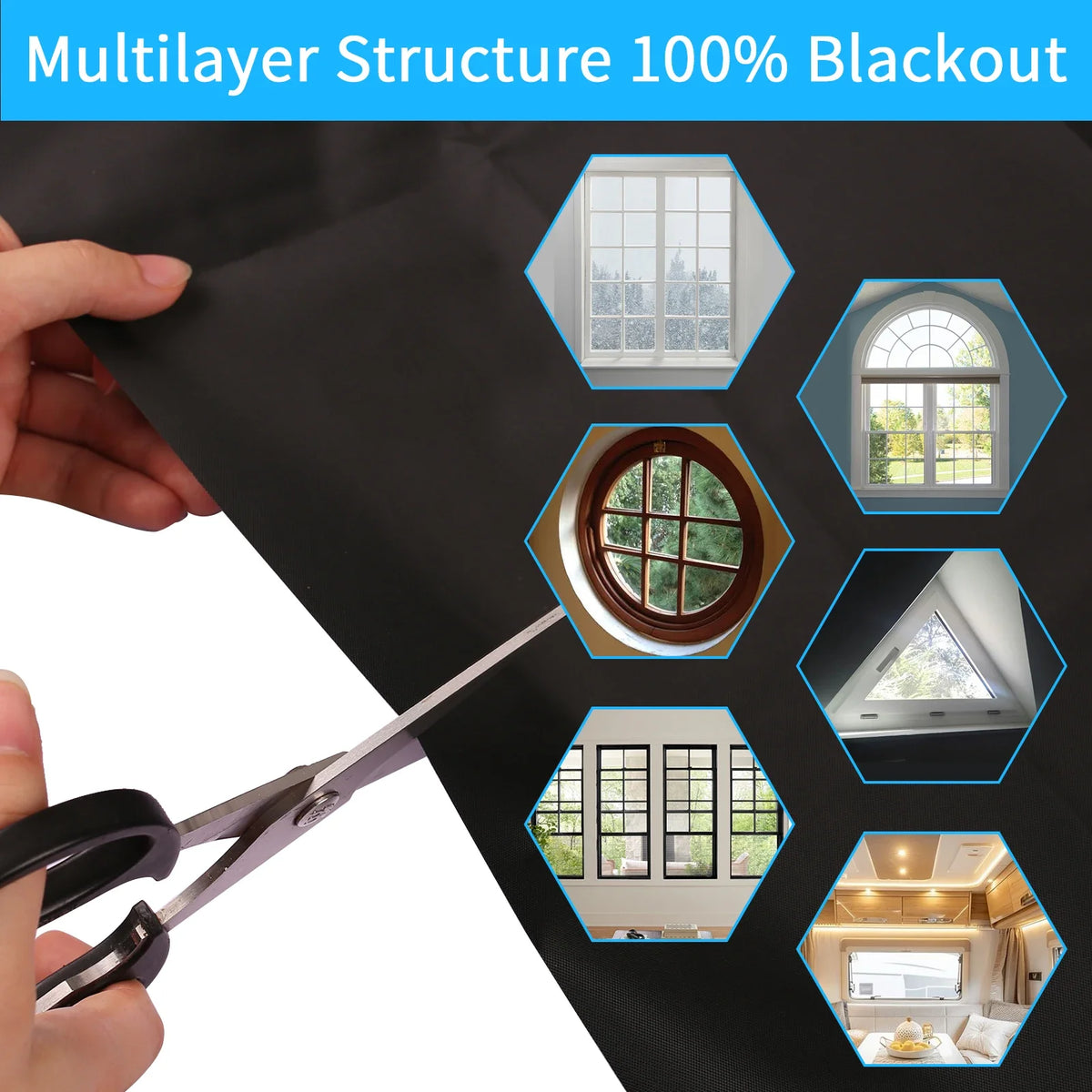 A hand is using scissors to open a black window shade, demonstrating the multilayer structure and blackout feature.