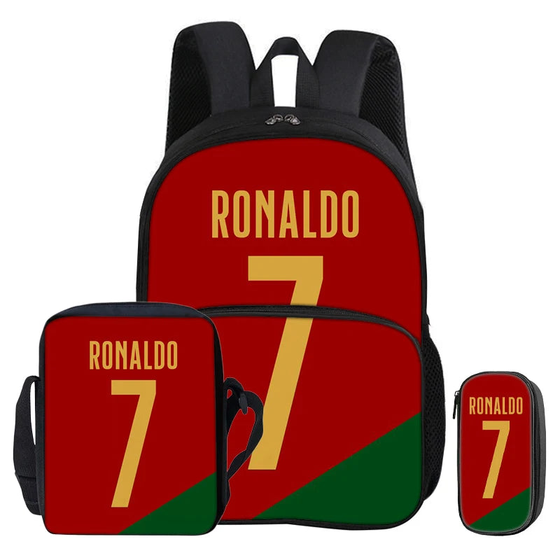 Red and green football backpack featuring the name Ronaldo and the number 7