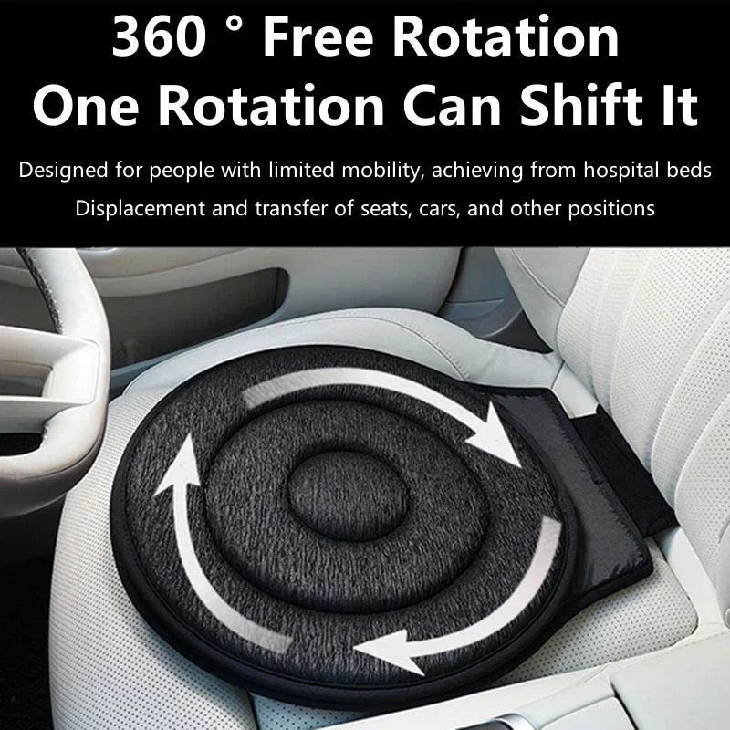 A black rotating car seat cushion is shown placed in a light-colored car seat.