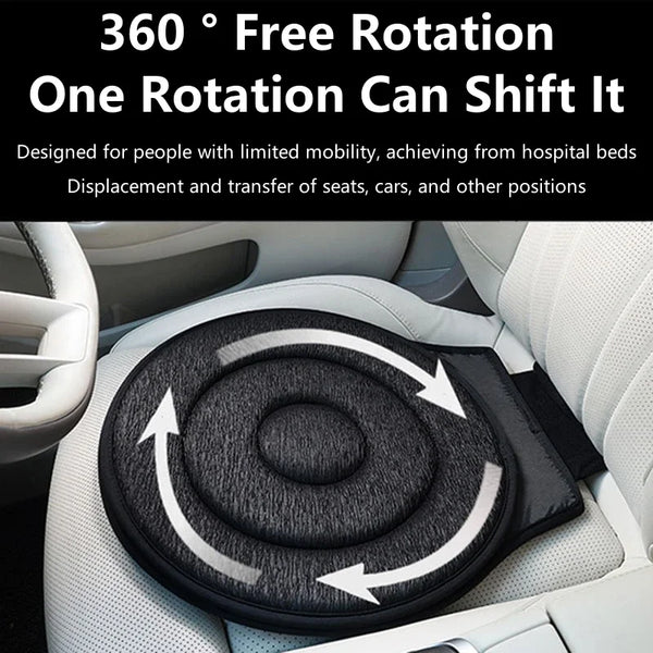 A black rotating car seat cushion is shown placed in a light-colored car seat.