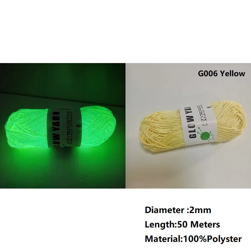 Yellow glow yarn for knitting and crochet, 2mm diameter, 50 meters long polyester fiber.