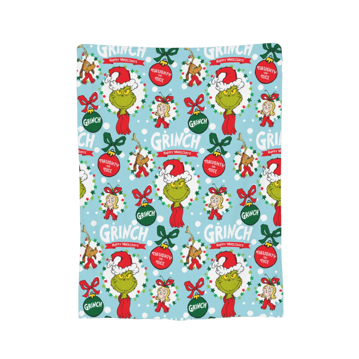 A colorful pattern featuring Christmas-themed graphics and the word GRINCH on a blue background.